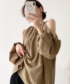 Khaki Off-Shoulder Long Sleeve Shirt for Women with Shoulder Cutouts, Trendy Sun Protection Top, French Style Fashion
