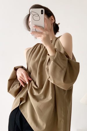 Khaki Off-Shoulder Long Sleeve Shirt for Women with Shoulder Cutouts, Trendy Sun Protection Top, French Style Fashion
