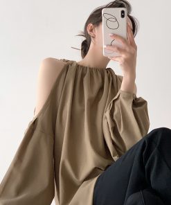 Khaki Off-Shoulder Long Sleeve Shirt for Women with Shoulder Cutouts, Trendy Sun Protection Top, French Style Fashion