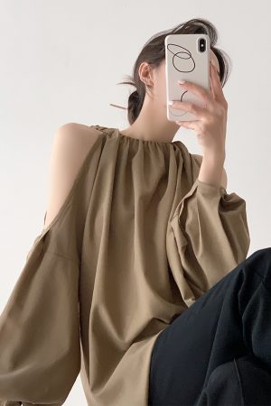 Khaki Off-Shoulder Long Sleeve Shirt for Women with Shoulder Cutouts, Trendy Sun Protection Top, French Style Fashion