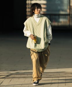 Khaki Twill Tapered Pants with Roaring Beast Print - Trendy Y2K Style for Casual Chic Outfits