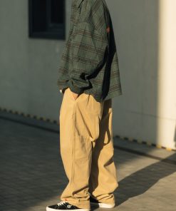 Khaki Twill Tapered Pants with Roaring Beast Print - Trendy Y2K Style for Casual Chic Outfits