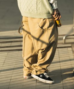 Khaki Twill Tapered Pants with Roaring Beast Print - Trendy Y2K Style for Casual Chic Outfits