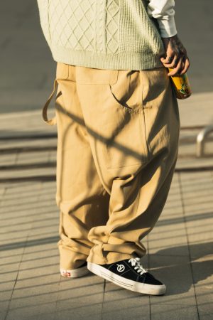 Khaki Twill Tapered Pants with Roaring Beast Print - Trendy Y2K Style for Casual Chic Outfits