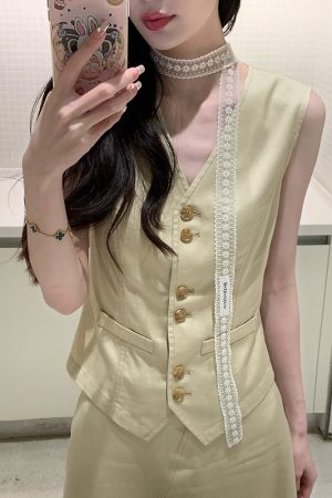 Khaki Two-Piece Vest and Skirt Set for Women, Light Luxury Old Money Style, Retro Summer Fashion, Trendy Y2K Look