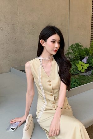 Khaki Two-Piece Vest and Skirt Set for Women, Light Luxury Old Money Style, Retro Summer Fashion, Trendy Y2K Look