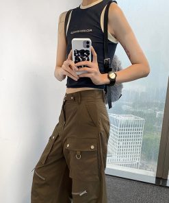 Khaki Vintage Seamless Vest with Roaring Beast Design - Retro 90s Style Tank Top for Trendy Streetwear Fashion