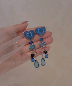 Klein Blue Heart Tassel Earrings for Women - Exaggerated Long Studs, Seaside Vacation Style, Trendy Statement Jewelry