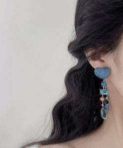 Klein Blue Heart Tassel Earrings for Women - Exaggerated Long Studs, Seaside Vacation Style, Trendy Statement Jewelry