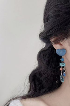 Klein Blue Heart Tassel Earrings for Women - Exaggerated Long Studs, Seaside Vacation Style, Trendy Statement Jewelry