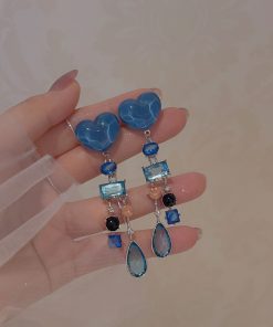 Klein Blue Heart Tassel Earrings for Women - Exaggerated Long Studs, Seaside Vacation Style, Trendy Statement Jewelry