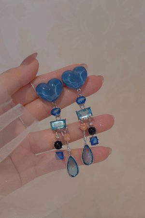Klein Blue Heart Tassel Earrings for Women - Exaggerated Long Studs, Seaside Vacation Style, Trendy Statement Jewelry