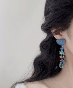 Klein Blue Heart Tassel Earrings for Women - Exaggerated Long Studs, Seaside Vacation Style, Trendy Statement Jewelry