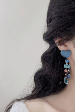 Klein Blue Heart Tassel Earrings for Women - Exaggerated Long Studs, Seaside Vacation Style, Trendy Statement Jewelry