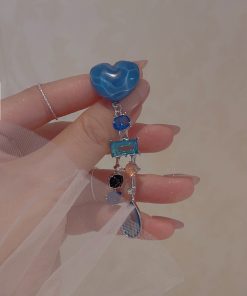 Klein Blue Heart Tassel Earrings for Women - Exaggerated Long Studs, Seaside Vacation Style, Trendy Statement Jewelry