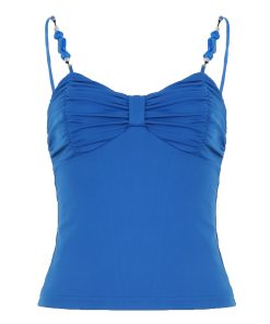 Klein Blue Pleated Bustier Camisole with Beaded Dopamine Patchwork - Oil Painting Style Short Top for Y2K and Art-Inspired Fashion