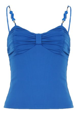 Klein Blue Pleated Bustier Camisole with Beaded Dopamine Patchwork - Oil Painting Style Short Top for Y2K and Art-Inspired Fashion