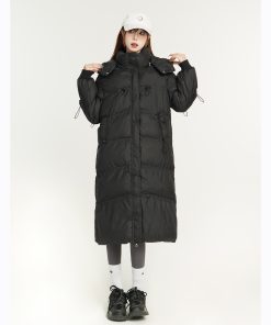 Knee-Length Black Loose Down Cotton Coat for Women, Warm Windproof Jacket, Winter Outerwear, Cozy Fashion Essential