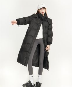 Knee-Length Black Loose Down Cotton Coat for Women, Warm Windproof Jacket, Winter Outerwear, Cozy Fashion Essential