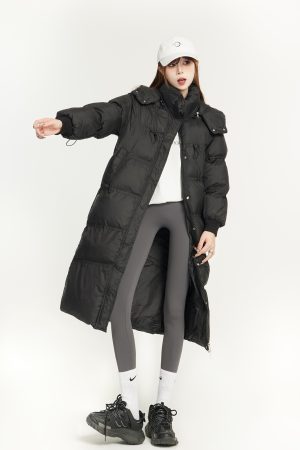 Knee-Length Black Loose Down Cotton Coat for Women, Warm Windproof Jacket, Winter Outerwear, Cozy Fashion Essential