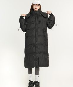 Knee-Length Black Loose Down Cotton Coat for Women, Warm Windproof Jacket, Winter Outerwear, Cozy Fashion Essential