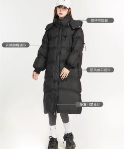 Knee-Length Black Loose Down Cotton Coat for Women, Warm Windproof Jacket, Winter Outerwear, Cozy Fashion Essential
