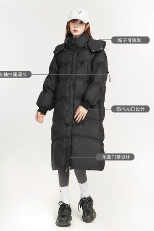 Knee-Length Black Loose Down Cotton Coat for Women, Warm Windproof Jacket, Winter Outerwear, Cozy Fashion Essential