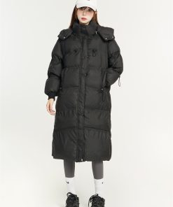 Knee-Length Black Loose Down Cotton Coat for Women, Warm Windproof Jacket, Winter Outerwear, Cozy Fashion Essential