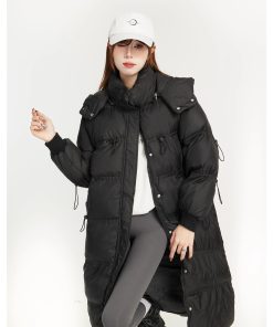 Knee-Length Black Loose Down Cotton Coat for Women, Warm Windproof Jacket, Winter Outerwear, Cozy Fashion Essential