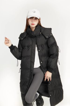 Knee-Length Black Loose Down Cotton Coat for Women, Warm Windproof Jacket, Winter Outerwear, Cozy Fashion Essential