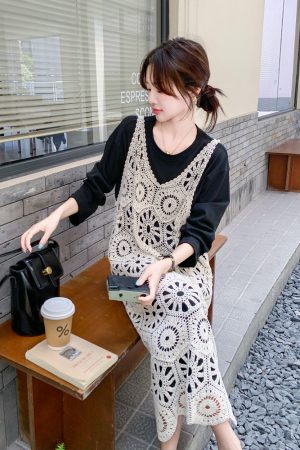 Knit Hollow Out Camisole Dress Layered Set for Women - Stylish 2025 Autumn Two-Piece T-Shirt Dress, Y2K Fashion Trend
