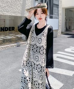 Knit Hollow Out Camisole Dress Layered Set for Women - Stylish 2025 Autumn Two-Piece T-Shirt Dress, Y2K Fashion Trend