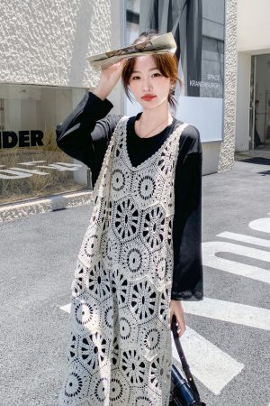 Knit Hollow Out Camisole Dress Layered Set for Women - Stylish 2025 Autumn Two-Piece T-Shirt Dress, Y2K Fashion Trend