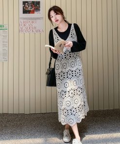 Knit Hollow Out Camisole Dress Layered Set for Women - Stylish 2025 Autumn Two-Piece T-Shirt Dress, Y2K Fashion Trend