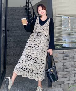 Knit Hollow Out Camisole Dress Layered Set for Women - Stylish 2025 Autumn Two-Piece T-Shirt Dress, Y2K Fashion Trend