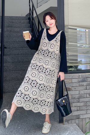 Knit Hollow Out Camisole Dress Layered Set for Women - Stylish 2025 Autumn Two-Piece T-Shirt Dress, Y2K Fashion Trend