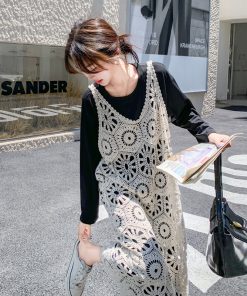 Knit Hollow Out Camisole Dress Layered Set for Women - Stylish 2025 Autumn Two-Piece T-Shirt Dress, Y2K Fashion Trend