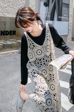 Knit Hollow Out Camisole Dress Layered Set for Women - Stylish 2025 Autumn Two-Piece T-Shirt Dress, Y2K Fashion Trend