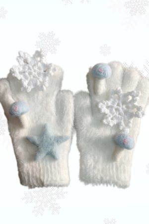 Knitted Cartoon Gloves for Girls - Warm Five-Finger Rabbit Fur Design with Floral Print - Cute Cycling Accessories