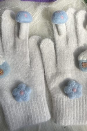 Knitted Cartoon Gloves for Girls - Warm Five-Finger Rabbit Fur Design with Floral Print - Cute Cycling Accessories
