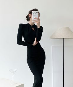 Knitted Chinese-Style Qipao Dress - Vintage-Inspired, Slim-Fit, Waist-Cinching, Long-Sleeve National Style for Elegant Occasions