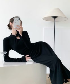 Knitted Chinese-Style Qipao Dress - Vintage-Inspired, Slim-Fit, Waist-Cinching, Long-Sleeve National Style for Elegant Occasions