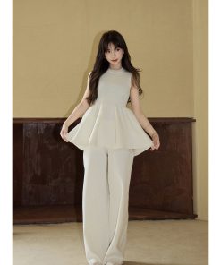 Knitted Flower Bud Two-Piece Set - Puffy Elastic Design Sleeveless Top & Loose Wide-Leg Pants - Trendy Summer Outfit