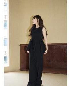 Knitted Flower Bud Two-Piece Set - Puffy Elastic Design Sleeveless Top & Loose Wide-Leg Pants - Trendy Summer Outfit