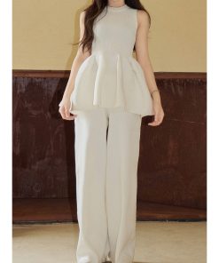 Knitted Flower Bud Two-Piece Set - Puffy Elastic Design Sleeveless Top & Loose Wide-Leg Pants - Trendy Summer Outfit