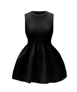 Knitted Flower Bud Two-Piece Set - Puffy Elastic Design Sleeveless Top & Loose Wide-Leg Pants - Trendy Summer Outfit