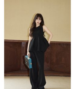 Knitted Flower Bud Two-Piece Set - Puffy Elastic Design Sleeveless Top & Loose Wide-Leg Pants - Trendy Summer Outfit