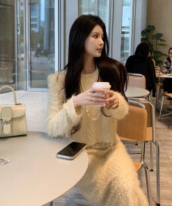 Knitted Round Neck Sweater and Straight Skirt Two-Piece Fashion Set for Women, Chic and Elegant Style, Y2K Inspired Design