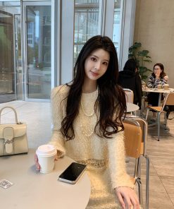 Knitted Round Neck Sweater and Straight Skirt Two-Piece Fashion Set for Women, Chic and Elegant Style, Y2K Inspired Design