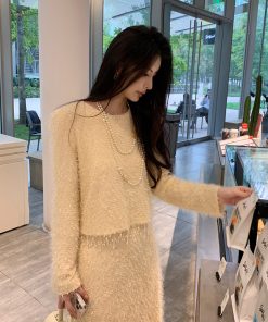 Knitted Round Neck Sweater and Straight Skirt Two-Piece Fashion Set for Women, Chic and Elegant Style, Y2K Inspired Design